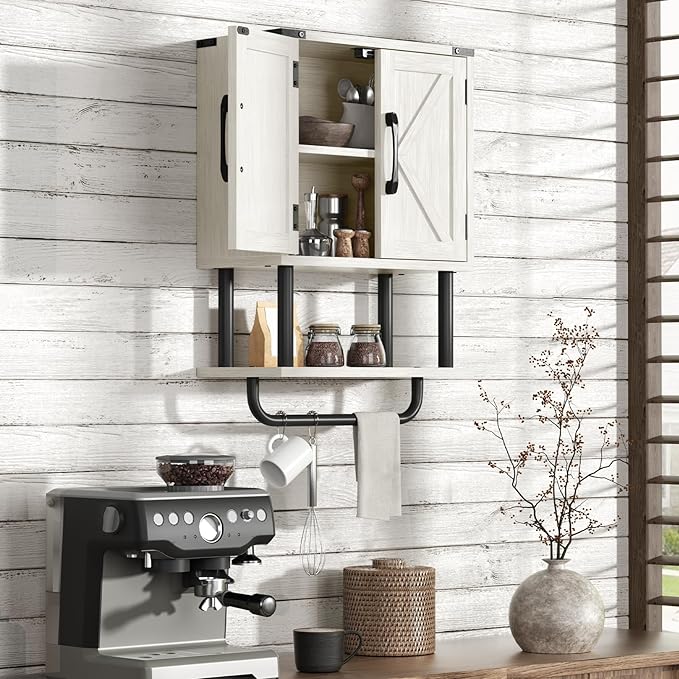 AmazerBath Bathroom Wood Wall Cabinets, Farmhouse Medicine Cabinets Organizer with Towel Bar, Hanging Small Storage Cabinet with Adjustable Shelf, 2 Doors Wall Organizer Cabinet for Small Spaces