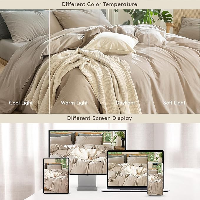 MooMee Bedding Duvet Cover Set 100% Washed Cotton Linen Like Textured Breathable Durable Soft Comfy (Heathered Taupe, Oversized Queen 98"x98")