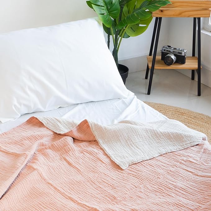 Salt Earth 100% Cotton Muslin Blanket, Gauze 55"X75" Twin, 6 Layered for Couch, Bed, Living Room, Home, Lightweight & All Season Blankets & Throws, Easy wash, Skin Friendly (Rose Dust/Moonbeam)