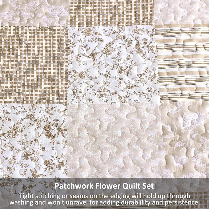 Mybedsoul Beige Boho Quilt Set King Size, 3 Pieces Plaid Floral Bedspread Set Patchwork Reversible Bedding Set Microfiber Bedding Bedspread Coverlet Set for All Season 90"x104"