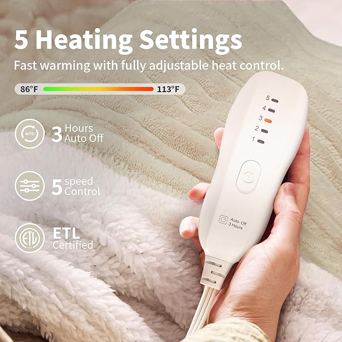 Heated Blanket Electric Throw 50”X60”-Heating Blanket with 5 Heat Settings-3 Hours Auto Off,ETL Certified,Machine Washable (Beige)