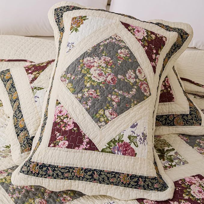 Cmfshape Floral Quilt Sets Bedspread Set 100% Cotton Patchwork Bedding Set,All Season Use Lightweight Reversible Coverlet Quilts with 2 Pillow Shams(Queen 92"x96")