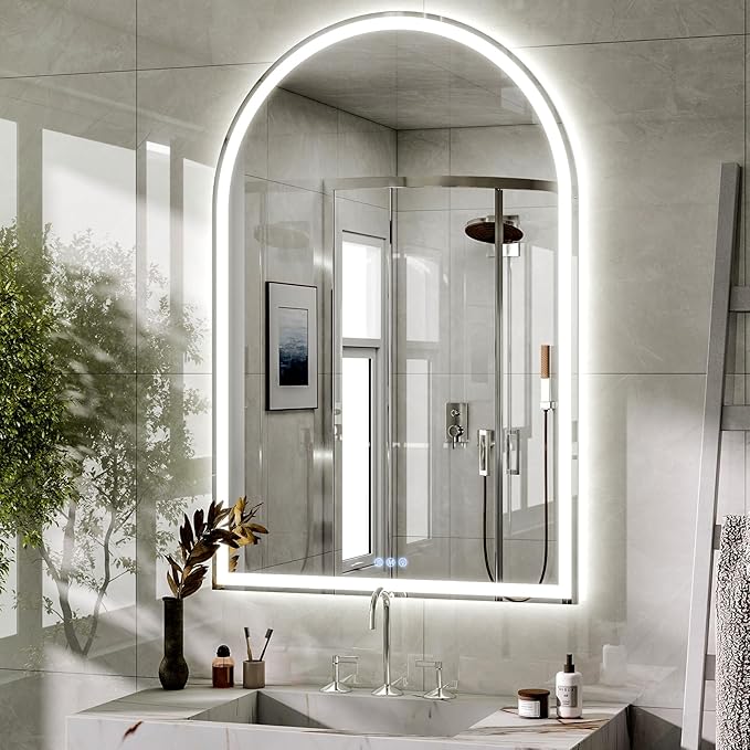 BEAUTYPEAK LED Arch Bathroom Mirrors with Lights, 48x30 Arch Mirror with Metal Frame, Anti-Fog,LED Mirror with Front Light and Backlit, Memory Function for Bathroom, Dressing Room