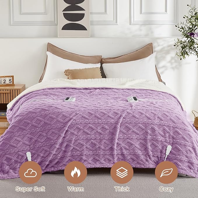 CAROMIO Electric Blanket Queen Size Dual Control - Thick Tufted Sherpa Heated Blanket with 10 Heating Levels and 10 Time Settings, ETL Certified Fast Heating Blanket Queen Size 84"×90", Purple