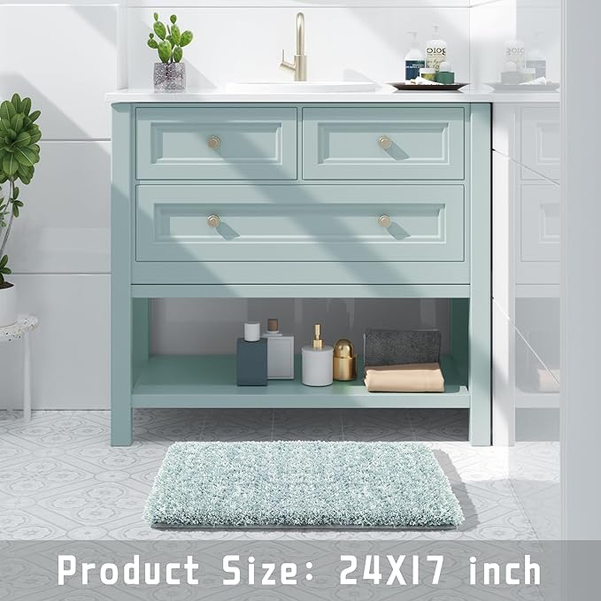 Yimobra Bathroom Rugs Non Slip Washable, Ultra Soft and Water Absorbent Bath Mats, Plush Fluffy Shower Mat Outside, Microfiber Thick Matts for Bathroom Floor/Sink, 24x17, Sky Light Blue and White