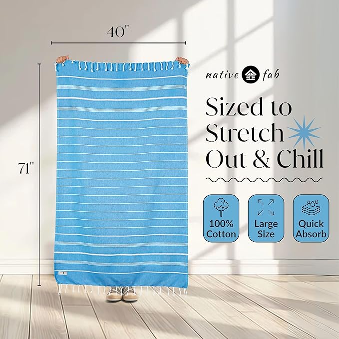 Native Fab 6 Pack Turkish Beach Towels, Oversized 40"x71", 100% Cotton, Thin & Lightweight, Quick-Dry, Sand-Free, Soft, Travel Friendly, Compact, Ideal for Pool, Spa, Gym, Beach - Multi 6 Colors