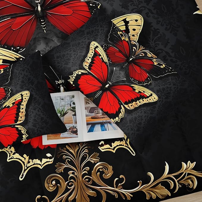 Red and Gold Butterfly Comforter Sets Full Size Bed Set，Gothic Full Size Bedding Set，with 1 Comforter with 2 Pillow Case，Butterfly Themed Bedroom Decor