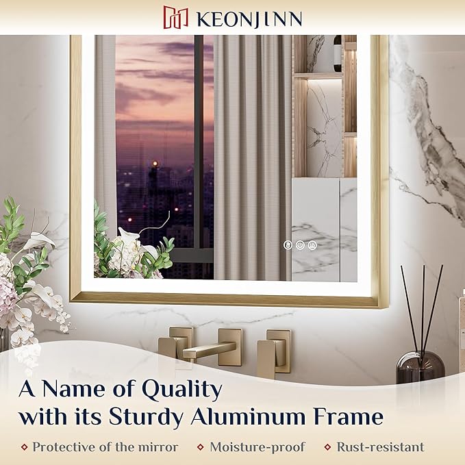 Keonjinn 30 x 36 Inch Gold LED Mirror for Bathroom, Frontlit & Backlit Framed Mirror with Stepless Dimmable Tricolors, Anti-Fog, UL-Listed LED Driver, Brighter and No Dark Corner