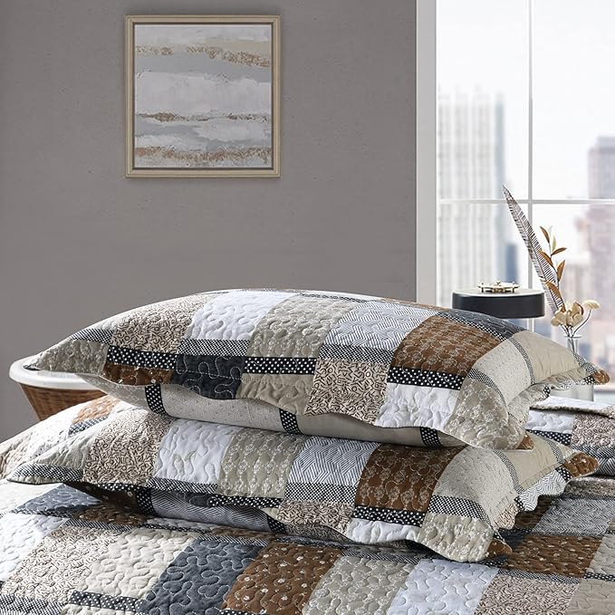ENJOHOS 3PC Queen Quilt Sets with Shams Navy and Brown Blocks Patchwork Quilt Lightweight Reversible Bed Coverlet All Season Bedspread for Queen Bed Patch Plaid Daybed Bedding (Multi Patch)