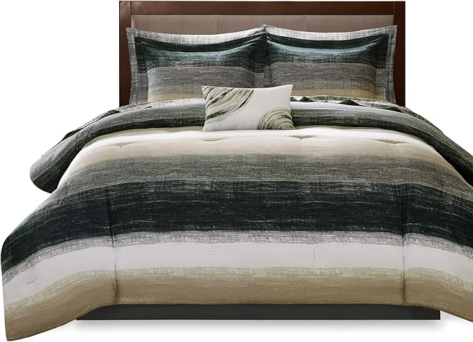 Madison Park Essentials Twin Comforter Set, Bed in a Bag Twin, Watercolor Print Coastal Comforter & Chambray Cotton Sheet Set, All Season Bedding Set, Saben, Taupe Twin (68 in x 86 in) 7 Piece