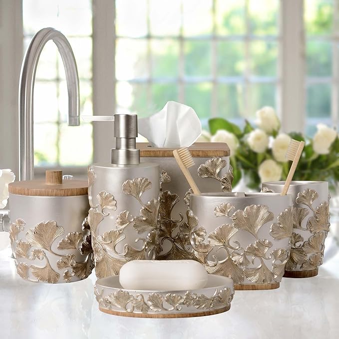 Decozen Bathroom Accessories Set 6Pcs – Soap Dispenser, Toothbrush Holder, Tumbler, Soap Dish & Cotton Swab Jar – Modern Bathroom Decor, Bath Set for Christmas Decor, Valencia