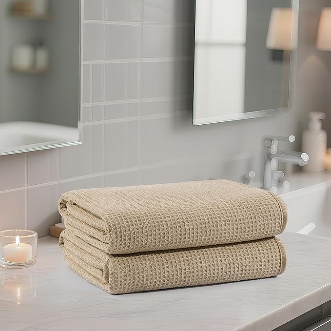 POLYTE Microfiber Oversize Quick Dry Lint Free Waffle Bath Towel for Body, 60 x 30 in, Set of 2