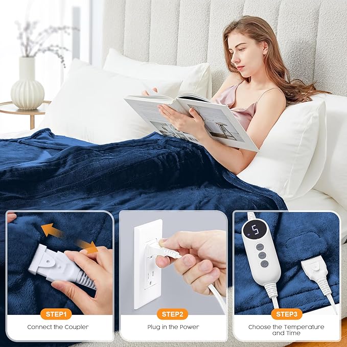 HYLEORY Heated Electric Blanket Throw, 2-Layer Cozy Warm Flannel 50" x 60", Heating Blanket with 9 Heating Levels, 2/4/6/10 Hours Auto Off, Fast Heating Winter Blanket, Navy Blue