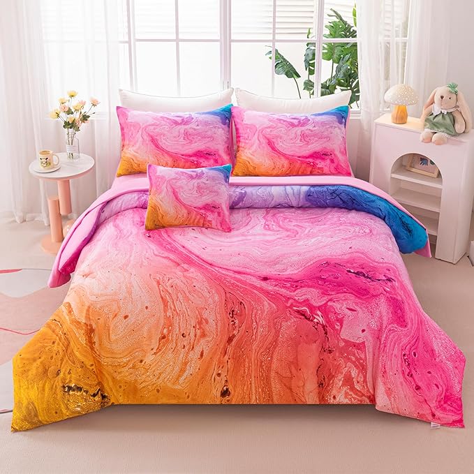 6Pcs Tie Dye Twin Comforter Set for Girls Kids, Watercolor Marble Abstract Art Pink Bedding Sets Twin Bed in A Bag (1 Comforter, 1 Flat Sheet, 1 Fitted Sheet, 1 Cushion Cover, 2 Pillowcases)