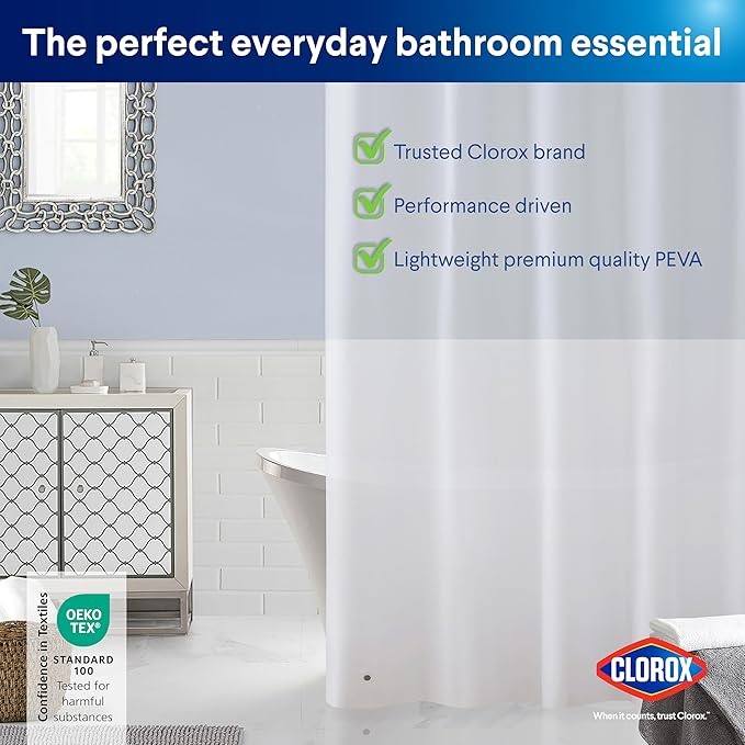 CLOROX Shower Curtain Liner, Premium Lightweight Flexible Waterproof 3g PEVA for Bathroom with Weighted Magnets, Standard Size 70" x 72", Frosty 2 Pack