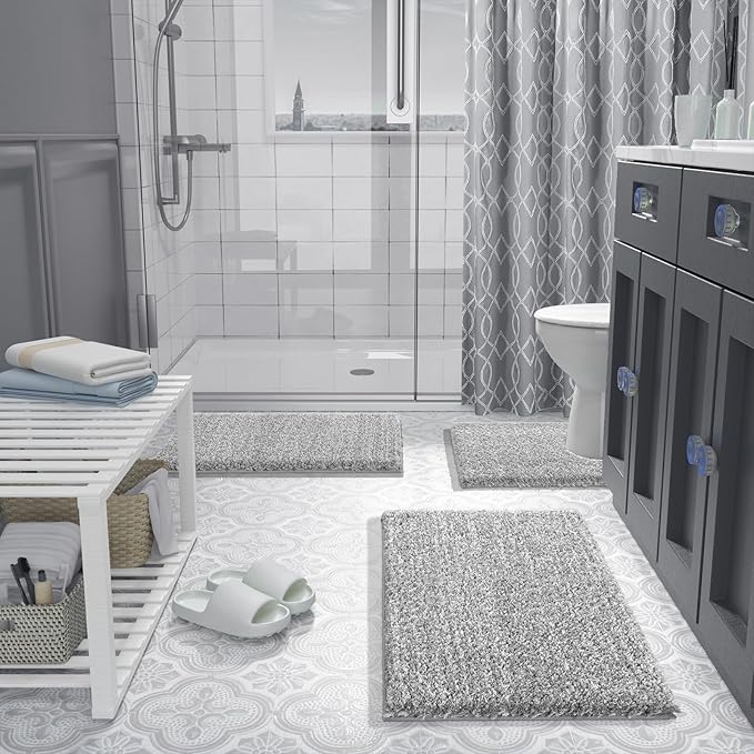 Yimobra Bathroom Rugs Non Slip Washable 36x24, Ultra Soft and Water Absorbent Bath Mats, Plush Fluffy Shower Mat Outside, Luxury Microfiber Thick Matts for Bathroom Floor/Tub, Light Gray and White