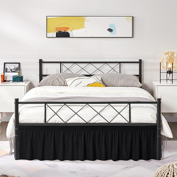 Biscaynebay Wrap Around Bed Skirts with Split Corners for Twin/Twin XL Beds 15" Drop, Black Adjustable Elastic Dust Ruffles Easy Fit Wrinkle Resistant Silky Luxurious Fabric Machine Washable