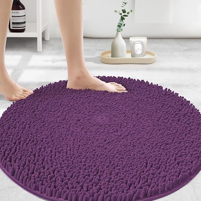 MAYSHINE Round Area Rug Set for Bathroom | Soft Plush Chenille Bath Mat, Water Absorbent Non-Slip Bathroom Rug | Washable Shag Carpet for Shower, Bedroom, or Home Décor | 36"x36" (Round) | Plum