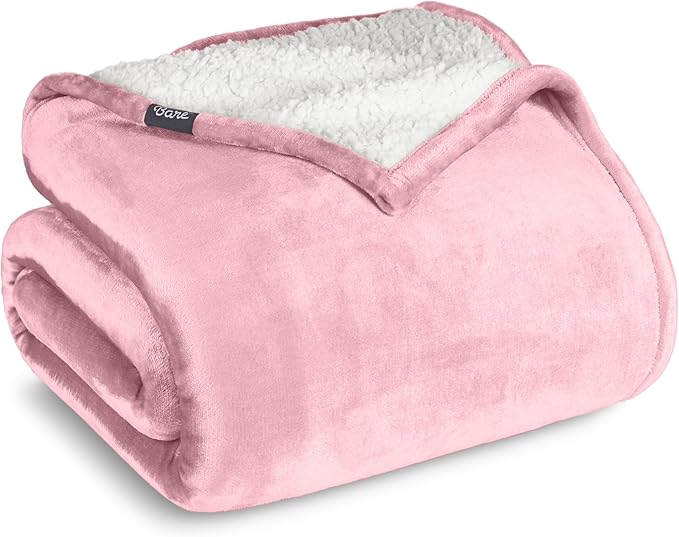 Bare Home Sherpa Fleece Blanket - Full/Queen Size - Blanket for Bed, Sofa, and Couch - Warm & Lightweight - Fluffy & Soft - Reversible (Full/Queen, Light Pink)