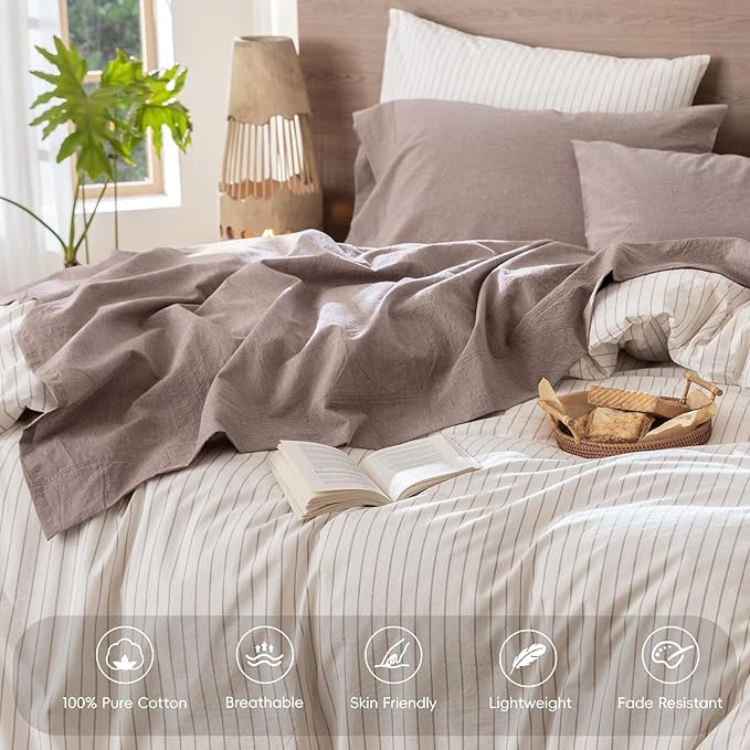 MooMee Bedding Sheet Set 100% Washed Cotton Linen Like Textured Breathable Durable Soft Comfy (Heathered Mauve Brown, Split King)