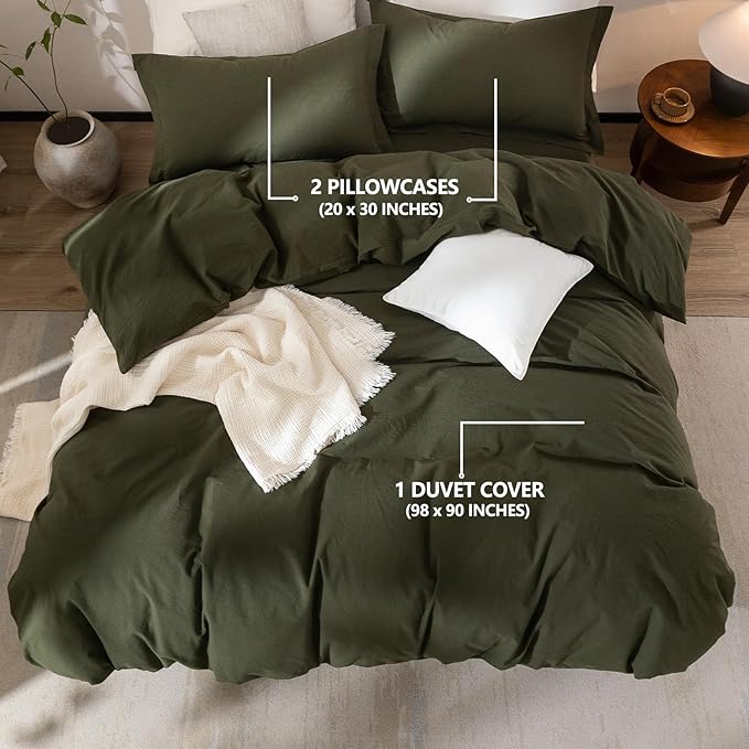 Olive Green Duvet Cover Super Queen Size, 100% Washed Cotton Bedding Set Cover 1 Duvet Cover 98inch x 90inch with Zipper Closure and 2 Pillowcases, Olive Green
