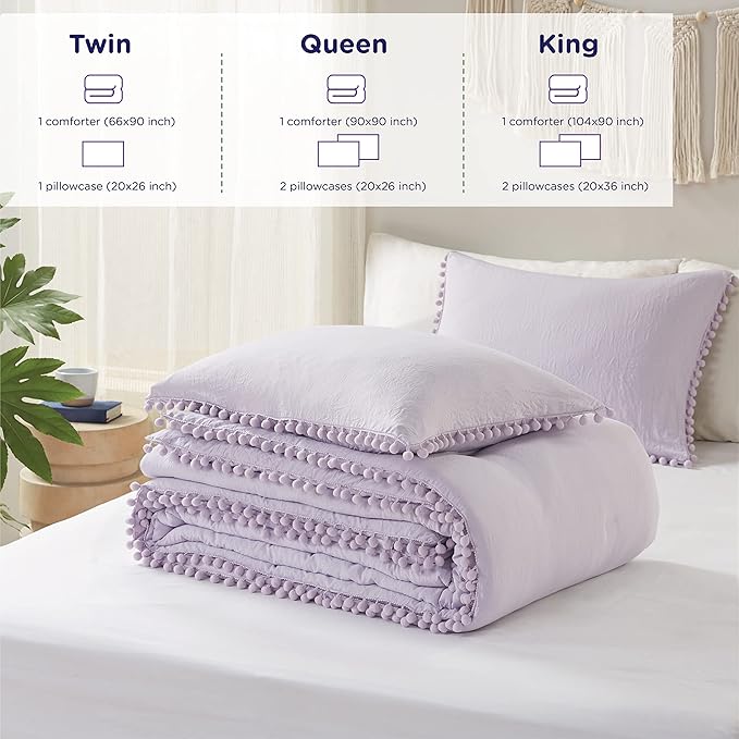 Codi Lavender Purple Full/Queen Comforter Set - Boho Aesthetic Bedding with Luxurious Pom Fringe, Soft Washed Microfiber 3pc Set, Couple-Friendly Lightweight Design, 1 Comforter & 2 Pillow Shams