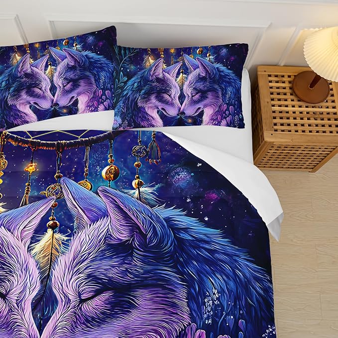 Purple Wolf Bedding Comforter Set Queen Size，Dreamcatcher Flower Quilt Bedding Set Queen，with 1 Comforter with 2 Pillow Case，Wolf Bedroom Decor for Kids Girls Boy