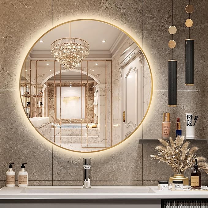 Niccy 40" LED Backlit Round Mirror for Bathroom, Gold Framed Vanity Light Wall Mirrors LED Smart Circle Mirrors with 3 Lighting Colors, Lighted Round Mirror with Anti-Fog, IP65 Waterproof