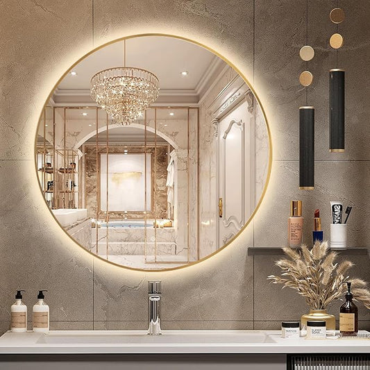 Niccy 32" LED Backlit Round Mirror for Bathroom, Gold Framed Vanity Light Wall Mirror LED Smart Circle Mirrors with 3 Lighting Colors, Dimmable Lighted Mirror with Anti-Fog, IP65 Waterproof