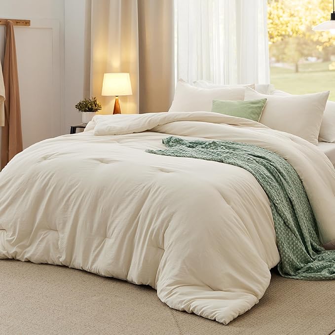 Bedsure King Size Comforter Set, Cream Soft Prewashed Bedding for All Seasons, 3 Pieces GentleSoft™ Warm Down Alternative Bed Set, 1 Lightweight Comforter (104"x90") and 2 Pillowcases (20"x36")