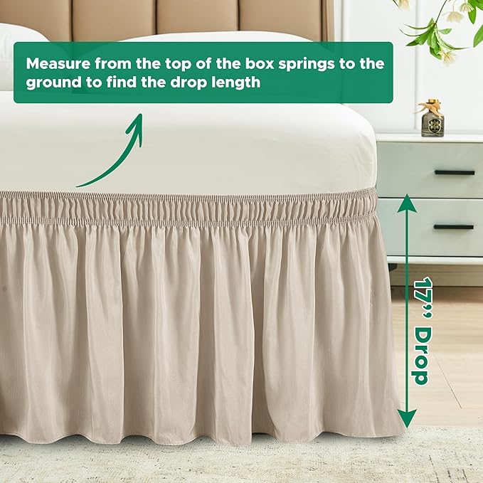 Biscaynebay Wrap Around Bed Skirts for King & Cal King Beds 17" Long Drop, Light Camel Adjustable Elastic Dust Ruffles Easy Fit Wrinkle & Fade Resistant Silky Luxurious Fabric Solid Machine Washable