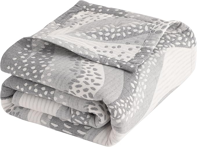 NTBAY 3 Layers Cotton Muslin 106x92 King Bed Blanket, Super Soft Breathable Thermal Yarn Dyed Quilt for Adults, Perfect Lightweight Blanket for Couch Sofa Bed All Seasons, Grey Wheat Waves