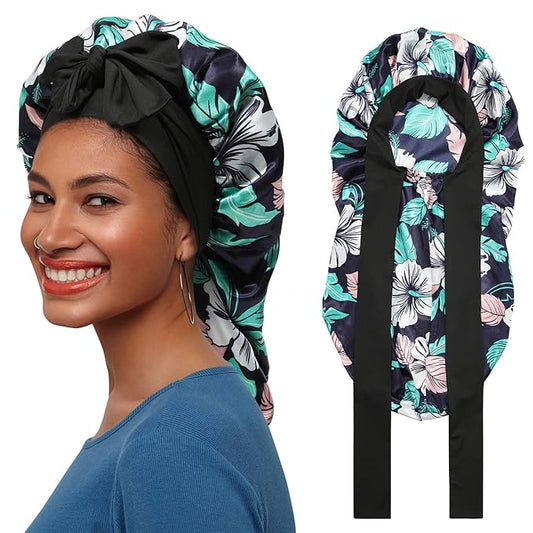 AWAYTR Long Satin Bonnet for Braids - Elastic Silk Hair Bonnets for Sleeping Night Cap Stretchy Tie Band for Women（Flower D）