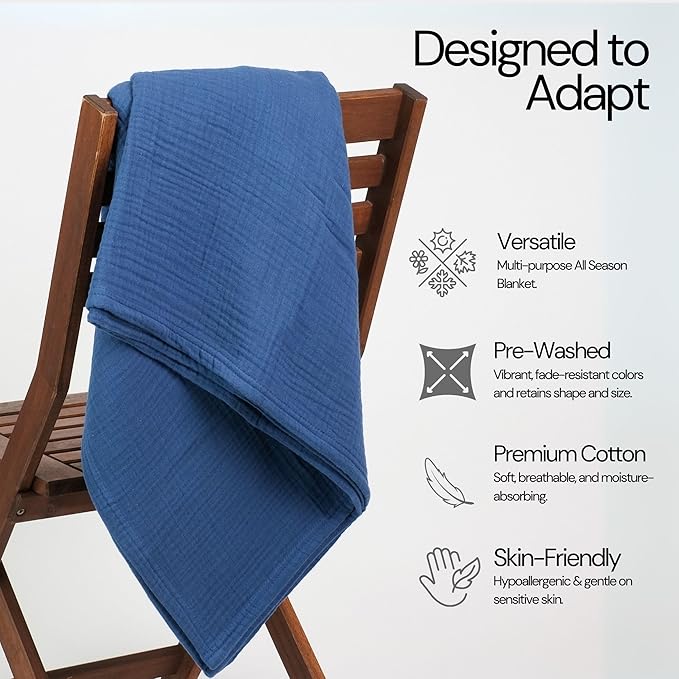 Salt Earth 100% Cotton Muslin Throw Blanket Gauze Blanket 50"X70" Throw 4 Layered for Couch, Bed, Living Room, Home, Lightweight & All Season Blankets & Throws, Easy wash, Skin Friendly (Navy Blue)