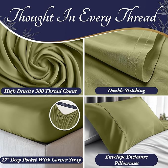 DECOLURE 100% Viscose Derived from Bamboo Sheets Twin Size 3pcs - Ultra Soft & Luxuriously Cooling, 17" Deep Pocket, Double Stitching, Perfect for Hot Sleepers - Twin Bed Sheets (Light Olive)