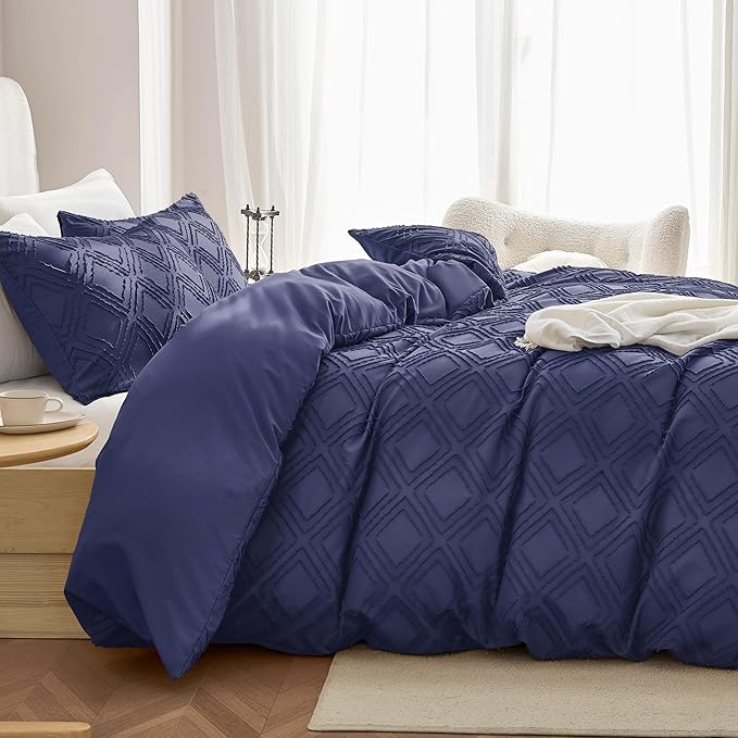 JELLYMONI Duvet Cover Full Size Navy Blue - 3PCS Boho Duvet Cover Set Plaid Polyester Tufted Bohemian Jacquard Knit Textured Comforter Cover 80×90in Rhombic Geometric Pattern Corner Ties & Zipper