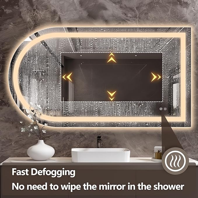 Niccy Arched LED Bathroom Mirror, 55x30 Arch Wall Mounted Frameless Bathroom Mirror for Vanity, Smart Lighted Frontlit Mirrors with Memory Function for Bathroom Bedroom Beauty Hair Salon