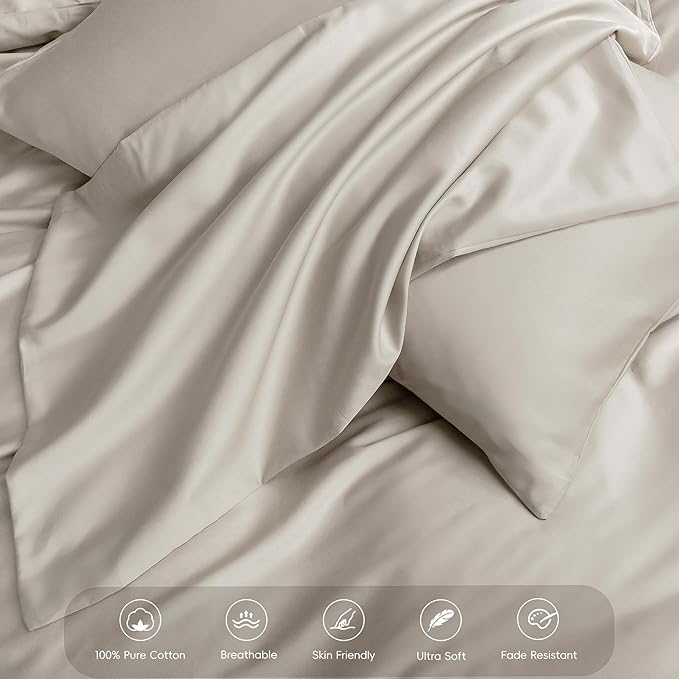 MooMee Duvet Cover Set 100% Extra Long Staple Cotton 600 Thread Count Silky Sateen Smooth Luxury Soft Breathable Durable Hotel Quality Bedding, 3 Pieces (Beige, King 104"x90")