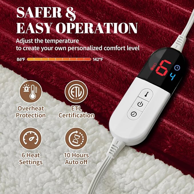 Electric Heated Blanket Twin Size - 62"x84" Fast Heating Bed Blankets with 6 Heating Levels & 10 Hours Auto Off, Soft Ribbed Flannel Sherpa, Over-Heated Protection ETL, Red