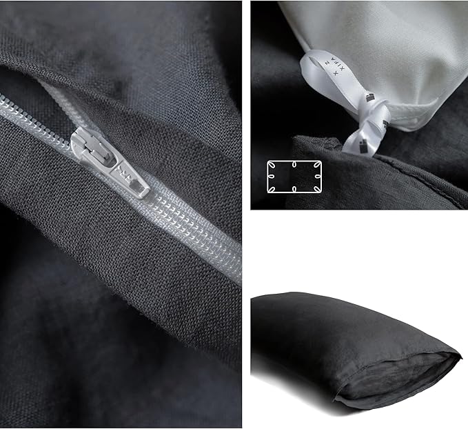 XZ XIFA Dark Grey Linen Duvet Cover Full, 100% Washed French Flax Linen Bedding Set with Zipper Closure, Cooling & Textured Bed Sets for Hot Sleepers(1 Duvet Cover, 2 Pillowcases)