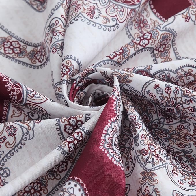 Extra Long Burgundy Shower Curtain 90 Inches, Water Repellent Fabric with Medallion Pattern, 12 Metal Grommets & Weighted Hem