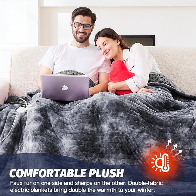 greenoak Heated Electric Blanket Throw, Faux Fur Sherpa Heating Blanket for Sofa Bed, Warm Winter Gift for Dad/Grandma, Heater Lap Blankets 5-Position Timer &10 Heating Levels 72''*84" Marble Grey