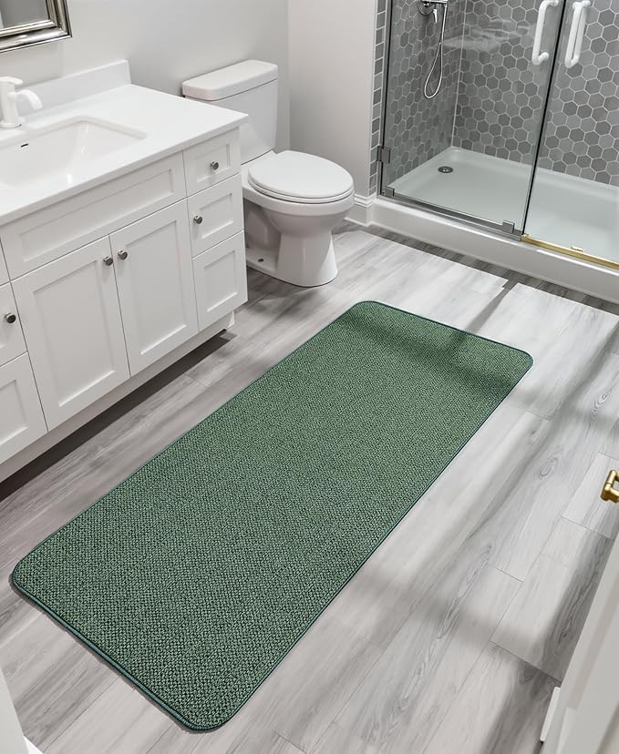 Bath Mat,Ultra Thin Bathroom Runner Rugs,Large Bath Mats for Bathroom,Quick Dry,Non-Slip,Machine Washable,Low Pile,Bath Rug,Shower Outside,Sink,Home Decor Accessories.Green,2'x5'（24x60inch）