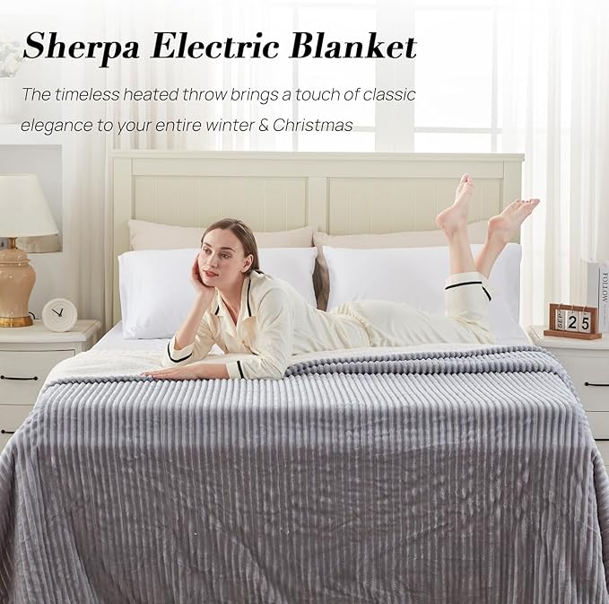 Westinghouse Electric Blanket Twin, Soft Ribbed Flannel to Sherpa Heated Blanket with 10 Heating Levels & 1-12 Hours Auto Shut Off, Fast Heating & Machine Washable, 62x84 Inch, Light Grey