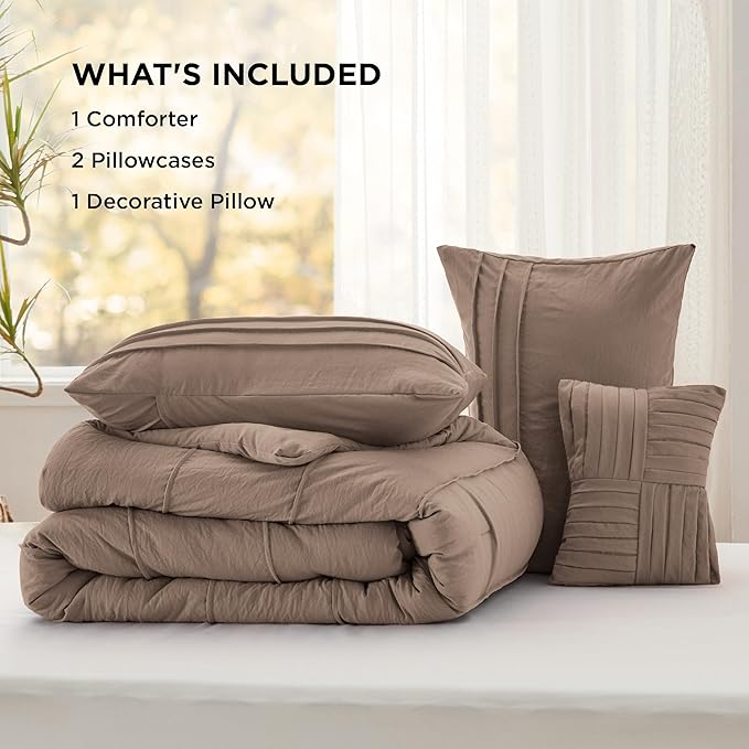 Bedsure California King Comforter Set - 4 Pieces Pinch Pleat Bed Set, Brown Boho Bedding for All Season, 1 Soft Comforter, 2 Pillowcases, 1 Decorative Pillow