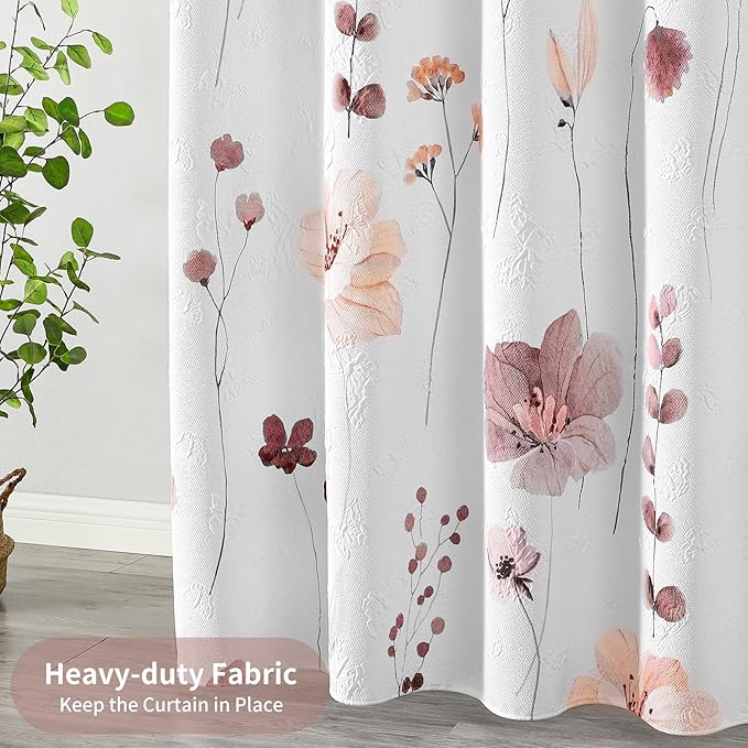 QiyI Extra Long Shower Curtain 72 x 84, Modern Watercolor Floral Shower Curtain, 3D Embossed Texture Pink Brown Flower Cloth Bathroom Curtain, Waterproof Fabric Farmhouse Bath Curtain Set with Hooks