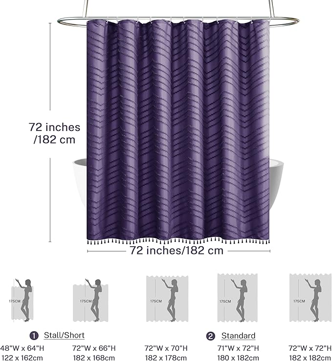 Boho Dark Purple Shower Curtain, 72 x 72 Woven Fabric Tufted Chevron Textured Striped Modern Farmhouse Minimalist for Bathroom