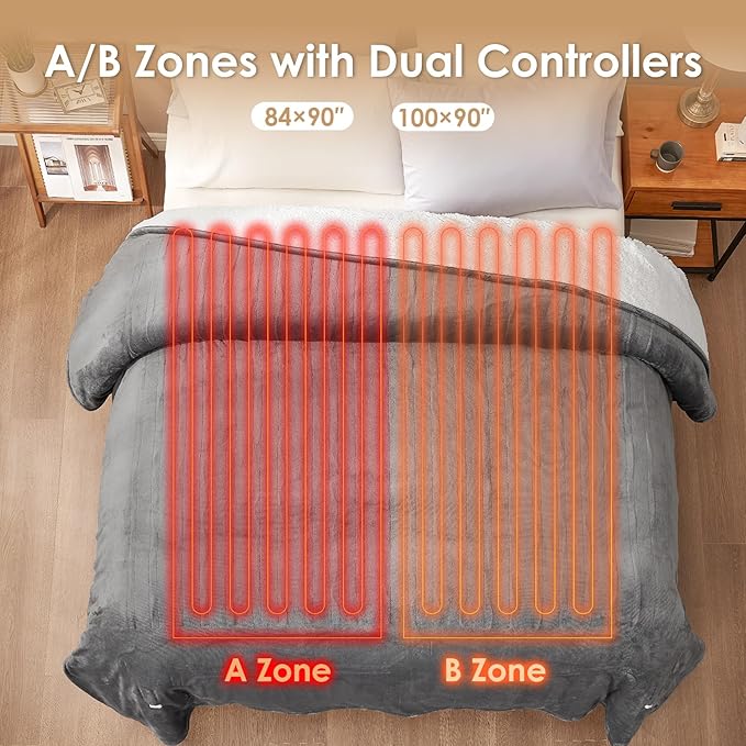 EHEYCIGA Heated Blanket Electric Blanket King Size - Heating Blanket with 9 Heating Levels & 10 Hours Auto Off, Soft Cozy Sherpa Washable Dual Control Blanket with Fast Heating, 90 x 100 Inches