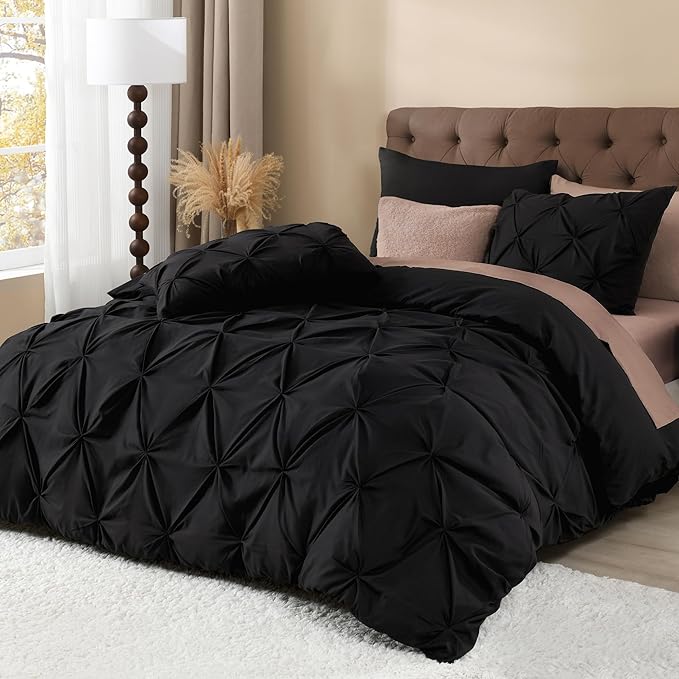 Litanika Black Oversized Queen Pinch Pleat Duvet Cover, 3 Pieces Pintuck Cover Soft Microfiber Bedding Set with Zipper Closure & Corner Ties(1 Duvet Cover, 2 Pillowcases)