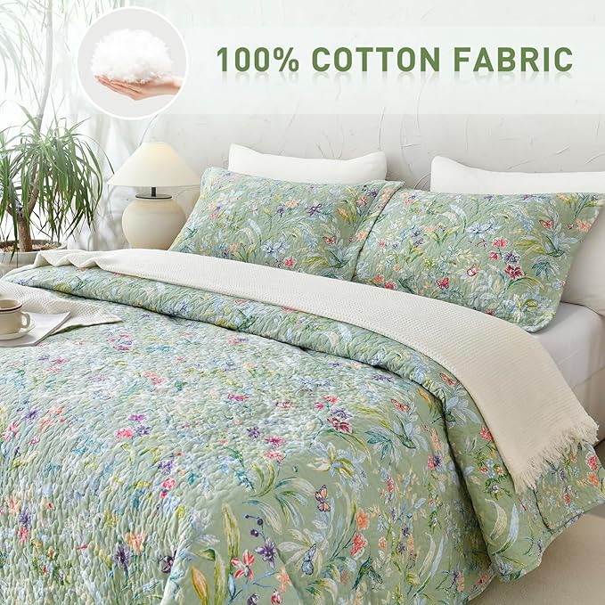Lady Ann Oversized Cal King Bedspreads 120x120 for Extra Bed, Green Flower Bird Butterfly Print Botanical Bedding, Lightweight 100% Cotton Quilted Coverlet Set with Pillow Shams for All Season, 3 PCS
